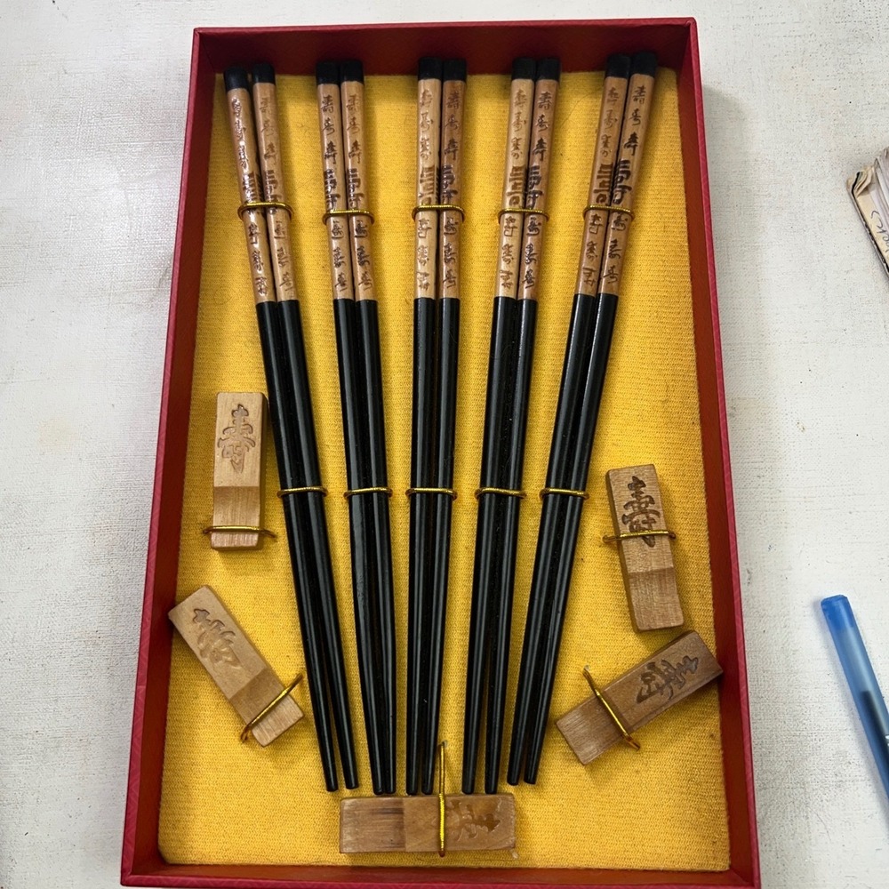5 Pair Black Wood Chopstick Set with Calligraphy and Rests in Box